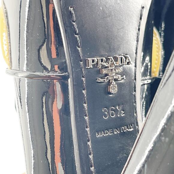 Prada Fall 2010 Runway Black Patent Yellow Trim Metal Logo Platform Heels 36.5 - Picture 12 of 12